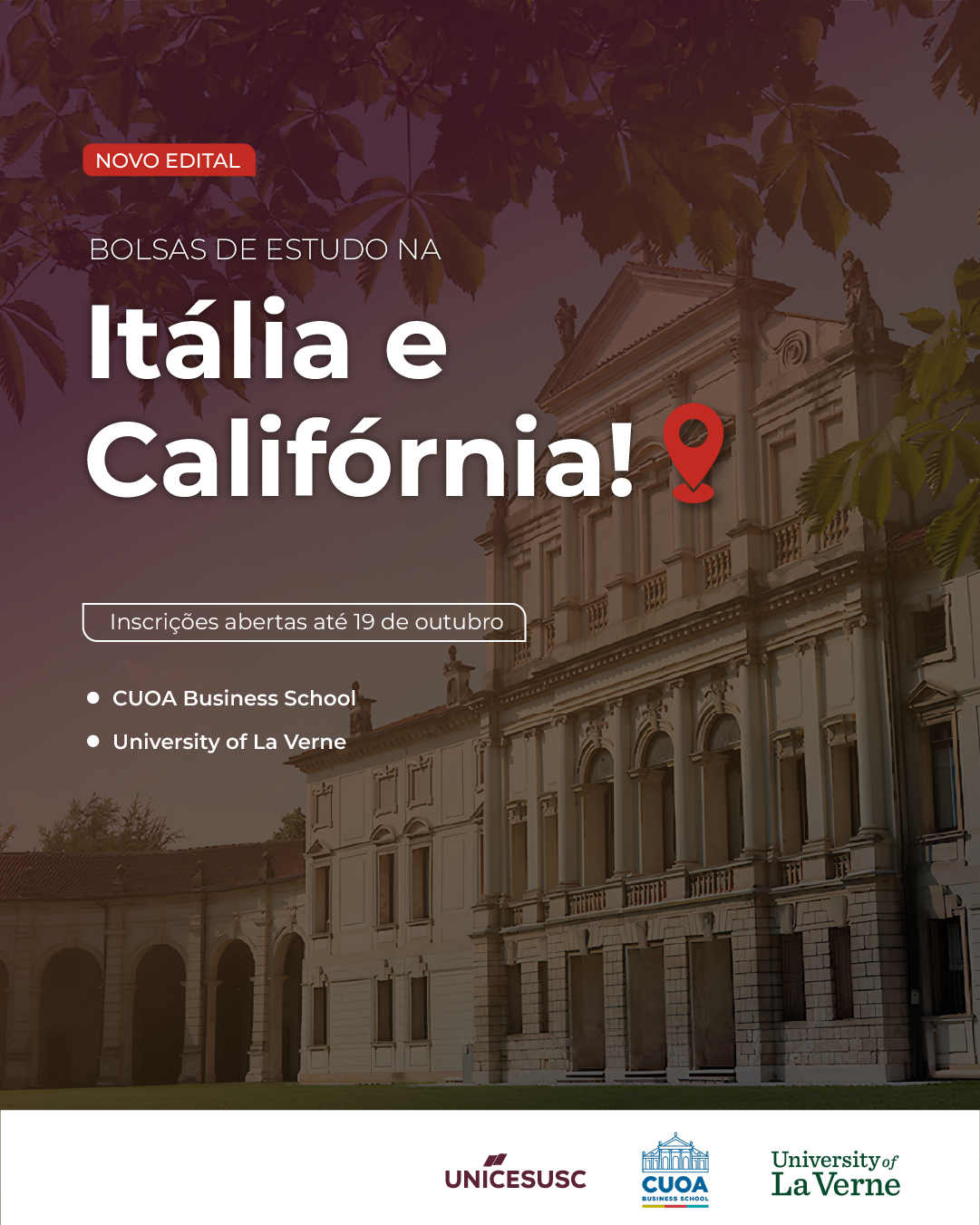 Inscrições abertas para intercâmbio com bolsas de estudo na Itália e Estados Unidos